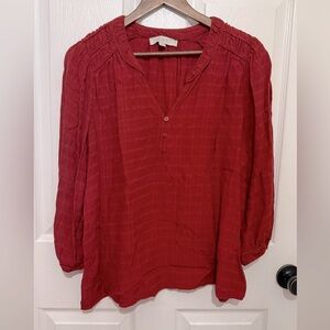 LOFT Women’s Rust Red Textured Split Neck Button Up Long Sleeve Top Size XL